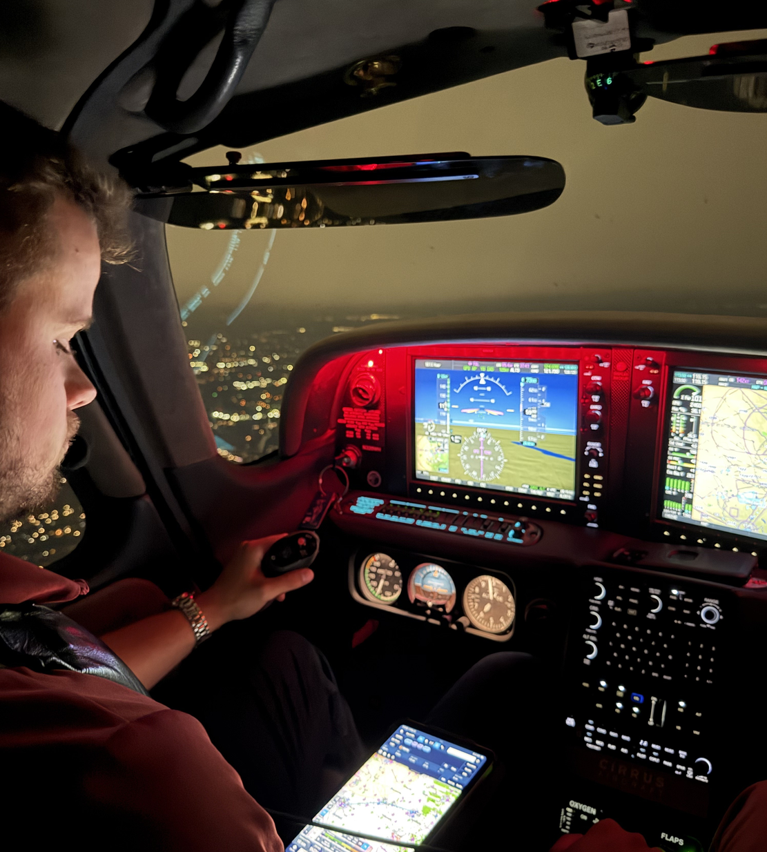 Brady Hansmann flying to a client meeting